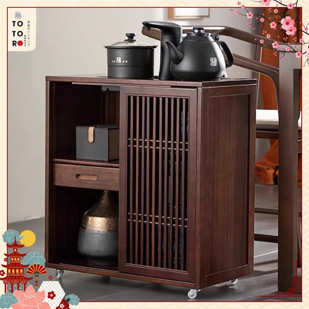 Tủ Trà Di Động Gỗ Cẩm Lai Tự, Tủ Bếp Cửa Lùa Có Bánh Xe, Ô Lắp Bộ Ấm Bếp Điện Mẫu T2 TOTOROHOUSE