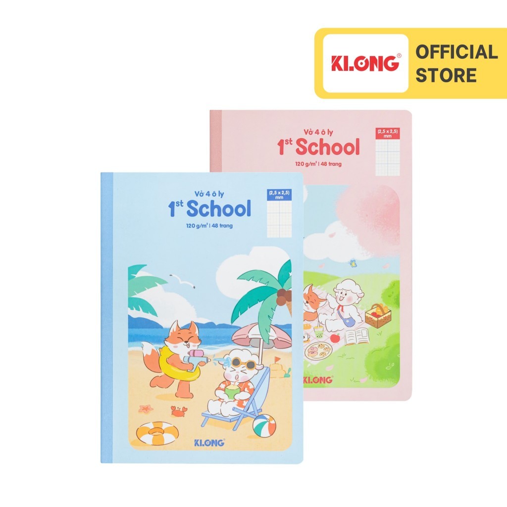 (Lốc 10 cuốn) Vở 4 ô ly may dán gáy 1st School Foxy & Sheepy KLONG B5¯ 48 trang 120/76; MS: 078