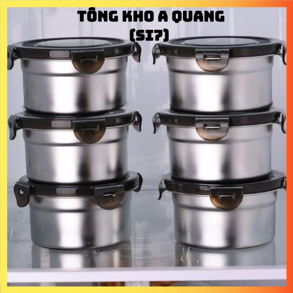 Hộp inox hình tròn dùng để đựng thực phẩm tiện lợi có kèm nắp,  SET 4 HỘP INOX NẮP ĐEN - HOP022