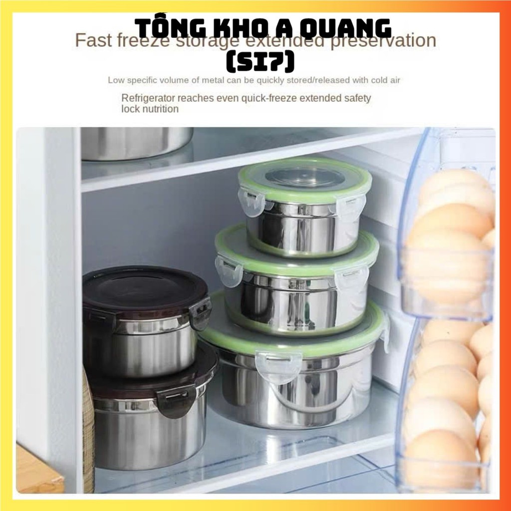 Hộp inox hình tròn dùng để đựng thực phẩm tiện lợi có kèm nắp,  SET 4 HỘP INOX NẮP ĐEN - HOP022