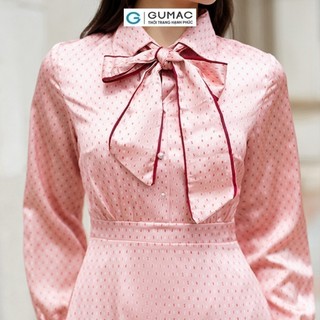 Đầm nữ GUMAC A tay dài cổ sơ mi phối dây nơ lụa mềm mát  DD06041