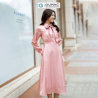 Đầm nữ GUMAC A tay dài cổ sơ mi phối dây nơ lụa mềm mát  DD06041