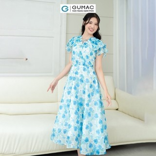 Đầm nữ GUMAC A xòe cổ xẻ V phối bèo dập ly họa tiết hoa vải tơ mềm nhẹ  DD08060