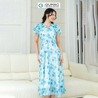 Đầm nữ GUMAC A xòe cổ xẻ V phối bèo dập ly họa tiết hoa vải tơ mềm nhẹ  DD08060