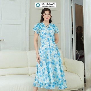 Đầm nữ GUMAC A xòe cổ xẻ V phối bèo dập ly họa tiết hoa vải tơ mềm nhẹ  DD08060