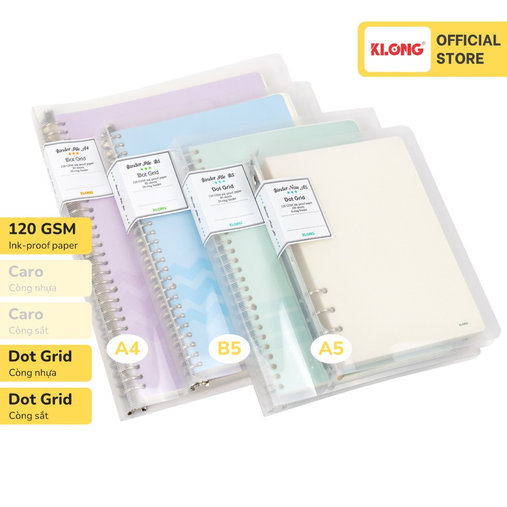 Sổ còng KLONG 120GSM Caro Dot Grid A5 B5 A4 .