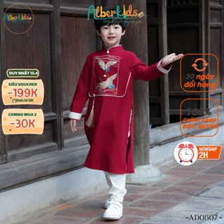 Áo dài bé trai ALBERKIDS ĐỎ Vàng Thêu chim hạc cho trẻ em mặc tết 2-12 tuổi AD0807