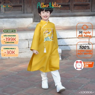Áo dài bé trai ALBERKIDS VÀNG Đỏ Thêu hoa chim hạc cho trẻ em mặc tết 2,3,4,5,6,7,8,9,10,11,12 tuổi AD0806