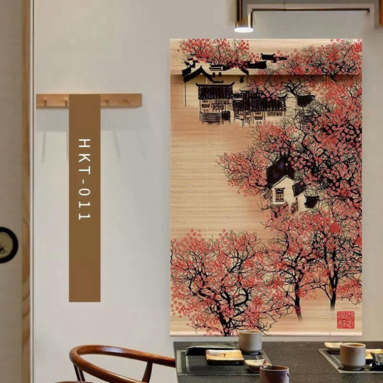 Mành tre trúc in tranh UV hình phong cảnh chim và hoa đào. Mành tre trúc trang trí decor cafe, spa.1