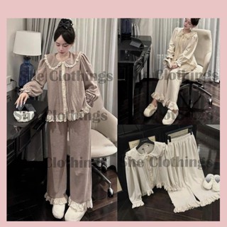 Set Bộ Nữ Len Tăm Lông Thỏ Áo Cúc Cài Cổ Sen Phối Viền Ren Xếp Ly Bèo Tay Kèm Quần Suông Dài Ống Rộng Gấu Ren