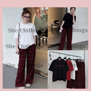 Set Bộ Nữ Áo Phông Ngắn Tay In Chữ GCI Kèm Quần Dạ Kẻ Caro Ống Rộng