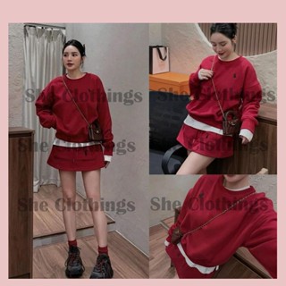 Set Bộ Nữ Nỉ Bông Đỏ 3 Món Thêu Ngựa Áo Nỉ Dài Tay Phối Áo Phông Trắng Kèm Chân Váy Chữ A Có Túi Freesize