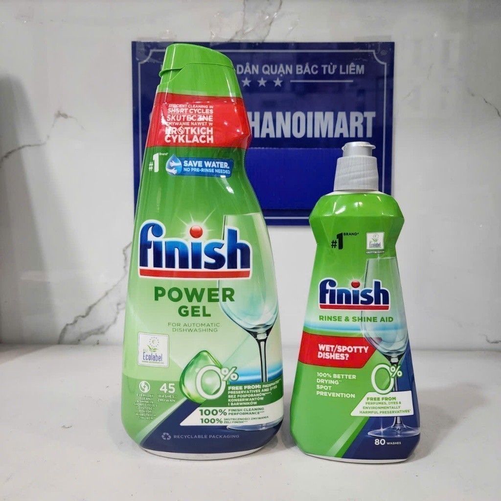 Combo Gel rửa bát Finish Eco hữu cơ 0% 900ml All in 1 max + Nước làm bóng Finish eco 400ml, combo xà