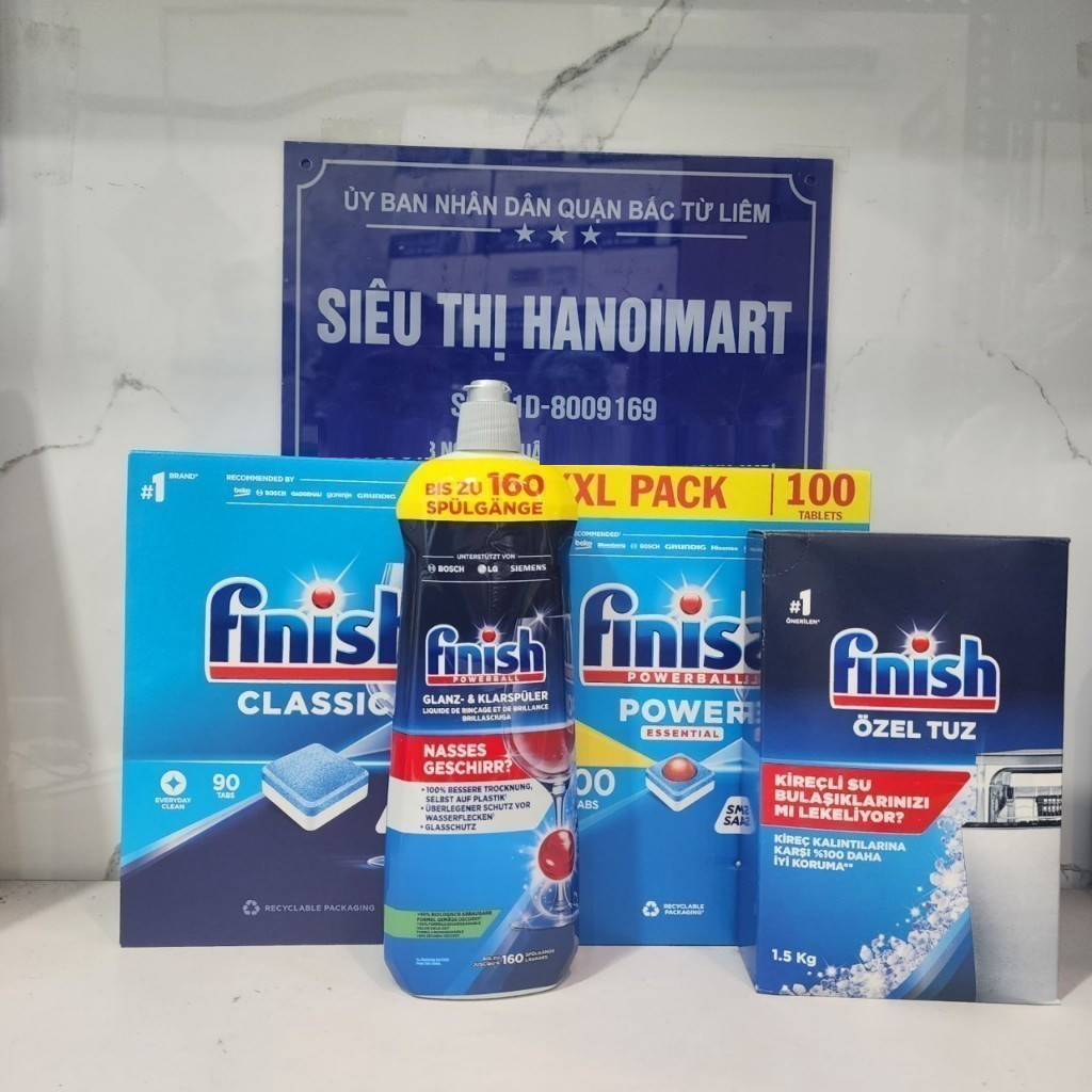 Combo rửa bát Finish Hộp Classic 90V or 100 viên all one 1 + Muối finish 1.5kg + Nước làm bóng chén 