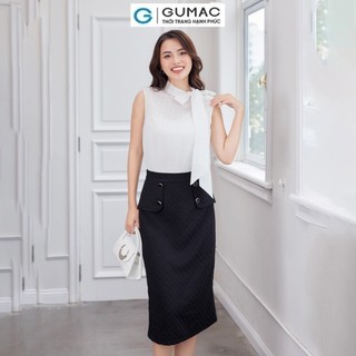 Chân váy nữ GUMAC A phối tà đắp đính nút vải cotton mịn sớ ô vuông  VD12015 - VD05002