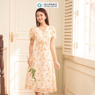 Đầm nữ GUMAC A họa tiết hoa tay loe thắt nơ eo vải voan mềm nhẹ  DD06015