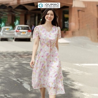 Đầm nữ GUMAC A họa tiết hoa tay loe thắt nơ eo vải voan mềm nhẹ  DD06015
