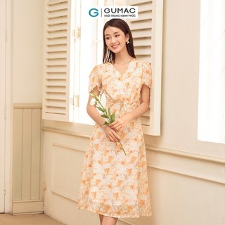 Đầm nữ GUMAC A họa tiết hoa tay loe thắt nơ eo vải voan mềm nhẹ  DD06015