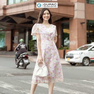 Đầm nữ GUMAC A họa tiết hoa tay loe thắt nơ eo vải voan mềm nhẹ  DD06015