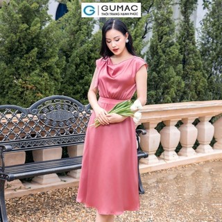 Đầm nữ GUMAC A cổ đổ tay liền phối phụ kiện sang trọng lụa mềm mát DD11013 