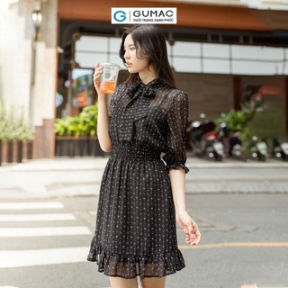 Đầm nữ GUMAC bèo smocking eo thắt nơ cổ  DD05069