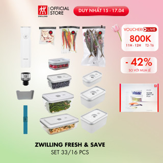 Bộ hút chân không ZWILLING Fresh & Save bảo quản thực phẩm 33-30-16 món (máy, hộp, túi, nắp)