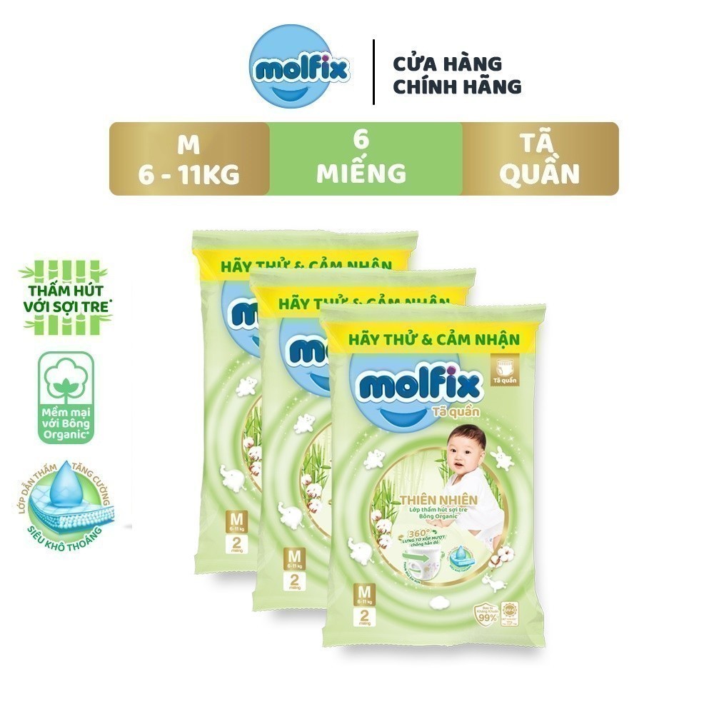 6 miếng Tã/ bỉm quần Molfix Thiên nhiên M (6kg - 11kg)