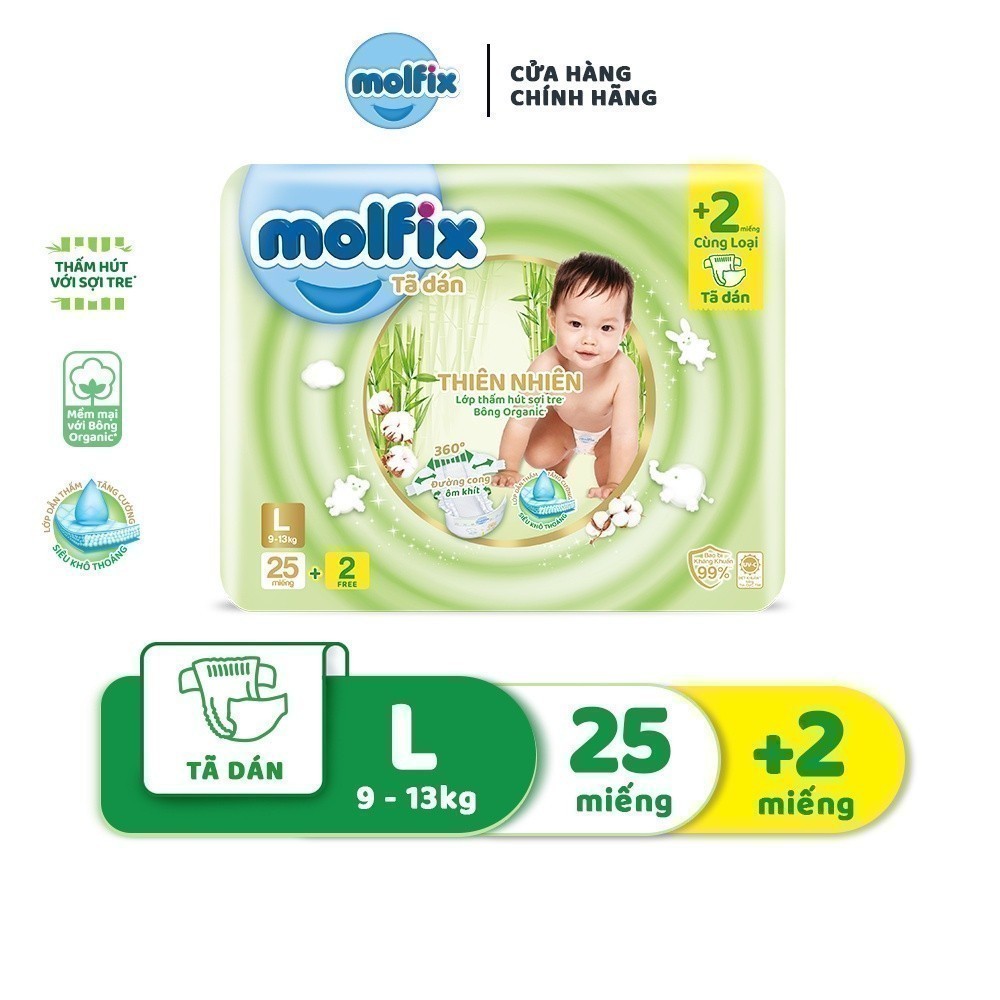 Tã/bỉm dán Molfix Thiên nhiên Regular L (9kg - 13kg) - Gói 25+2 miếng