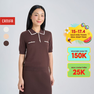 Áo len nữ CANIFA cổ polo phối màu tay lỡ dáng ôm 6TE24W007
