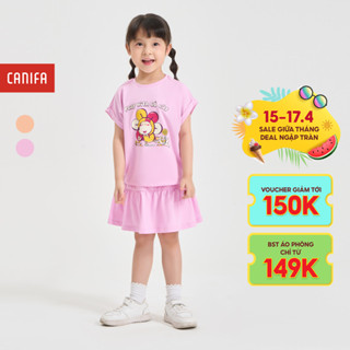 Bộ áo váy bé gái CANIFA áo thun chân váy chất liệu cotton USA in hình Wolfoo 1ST24S006