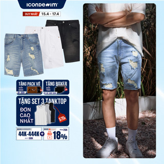 Quần short jeans nam ICON DENIM, quần đùi jean form slimfit, rách cá tính, 3 màu trắng - xanh nhạt - xám đậm - QSID0182
