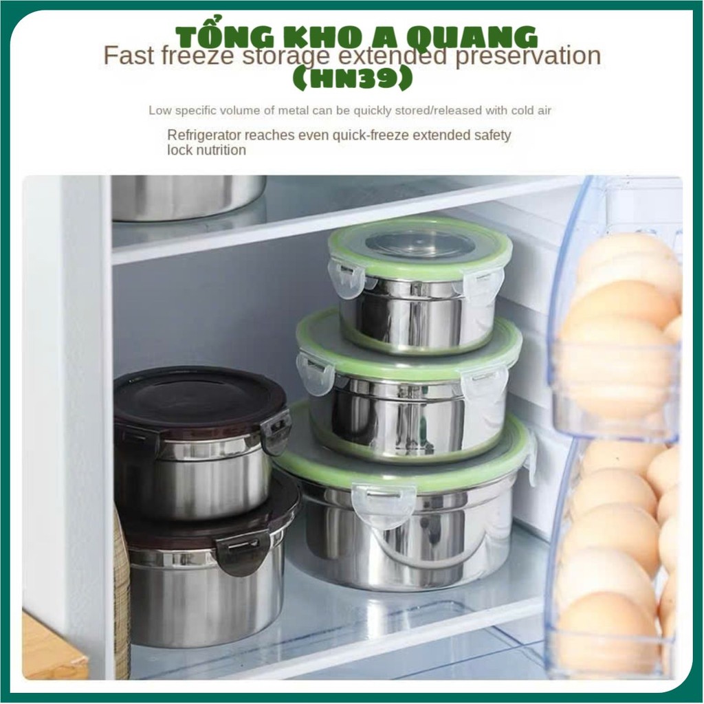Hộp inox hình tròn dùng để đựng thực phẩm tiện lợi có kèm nắp,  SET 4 HỘP INOX NẮP ĐEN - HOP022