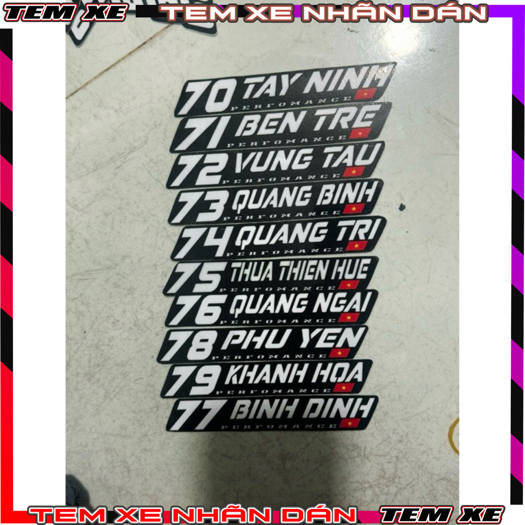tem tỉnh thành, tem dán xe biển số performance 63 tỉnh thành VIỆT NAM, chất liệu decal cao cấp