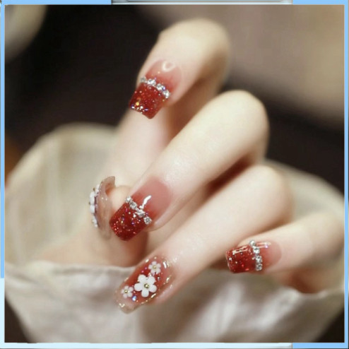 Nailbox, Nail box, Móng tay giả màu đỏ đính đá, đính hoa, Nail xinh, Móng tay ngắn đính đá