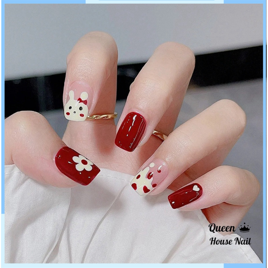 Nailbox, Móng tay giả ngắn hình thỏ dễ thương R701, Nail box ngắn vuông đơn giản, Nail xinh