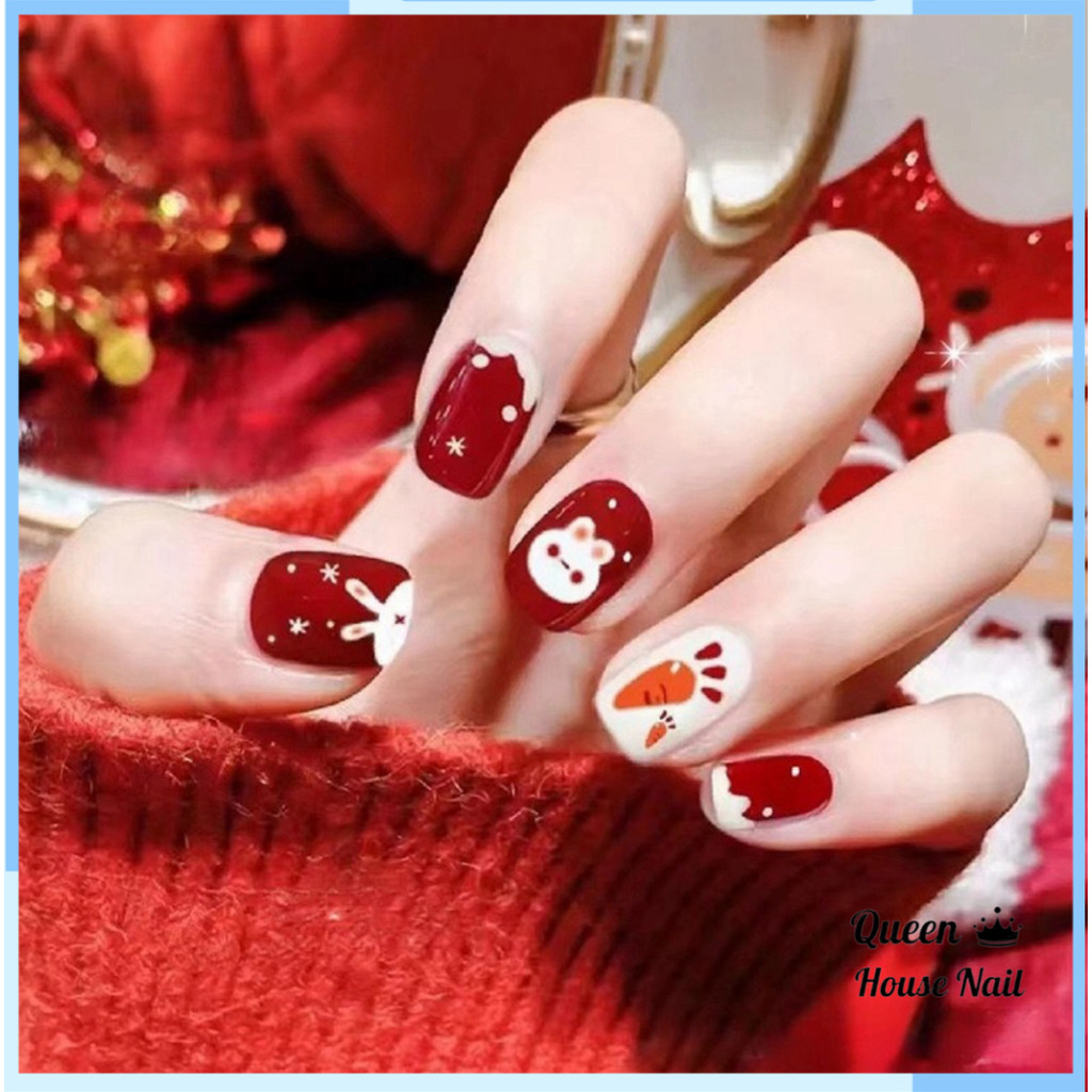 Nailbox, Móng tay giả ngắn màu đỏ hình thỏ R839, Bộ 24 móng tay giả ngắn vuông đơn giản, Nail box, N
