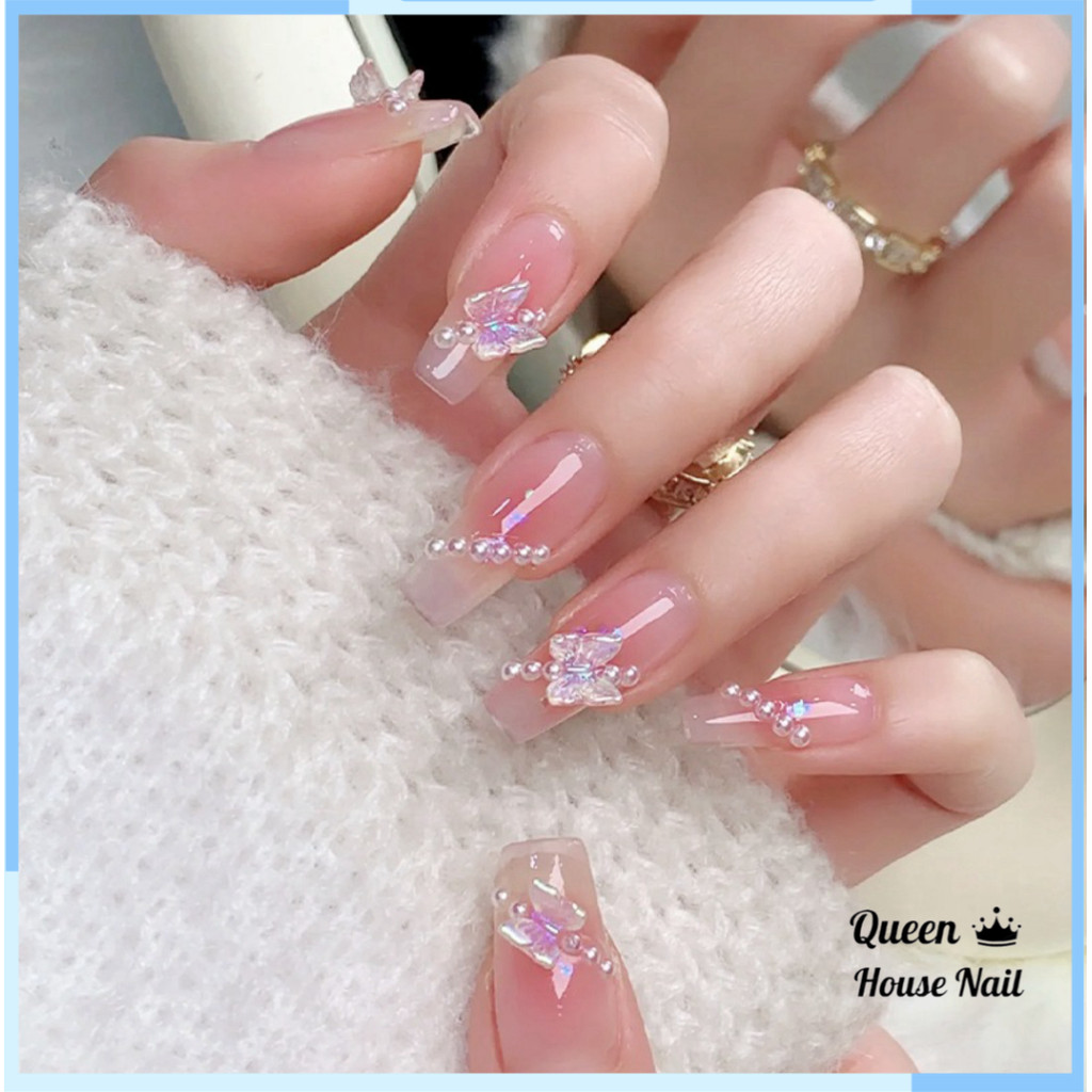 Nailbox, Móng tay giả màu hồng thạch Z248, Nailbox đính đá, móng tay giả đính nơ, Nail xinh Queen Ho