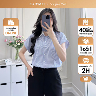 Áo sơ mi nữ sọc xanh vải cotton mềm mịn thoáng khí tay liền cổ phối thời trang GUMAC LAF0322