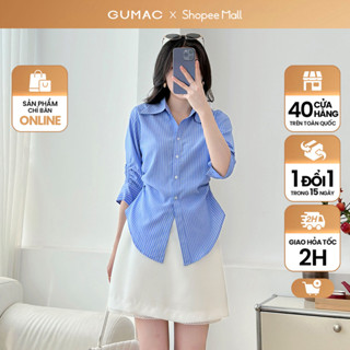 Áo sơ mi nữ tay lửng có nhún chiết ly eo xanh sọc vải kate đứng form thời trang GUMAC AF01024