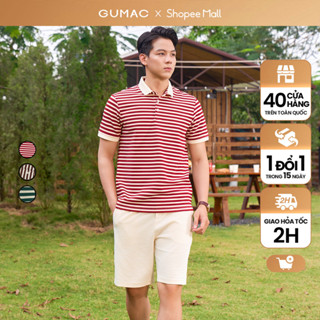 Áo thun polo nam sọc dày form suông màu đỏ - nâu - xanh phối cổ màu be thời trang GUMAC PLNF01012