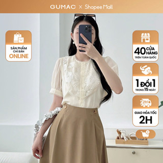 Áo sơ mi nữ kiểu tay phồng voan tơ phối ren họa tiết hoa tay ngắn cổ tròn thời trang GUMAC LAE0825