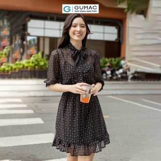 Đầm nữ GUMAC bèo smocking eo thắt nơ cổ  DD05069