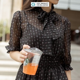 Đầm nữ GUMAC bèo smocking eo thắt nơ cổ  DD05069