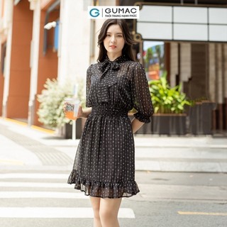 Đầm nữ GUMAC bèo smocking eo thắt nơ cổ  DD05069