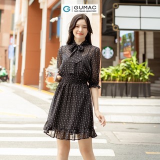 Đầm nữ GUMAC bèo smocking eo thắt nơ cổ  DD05069