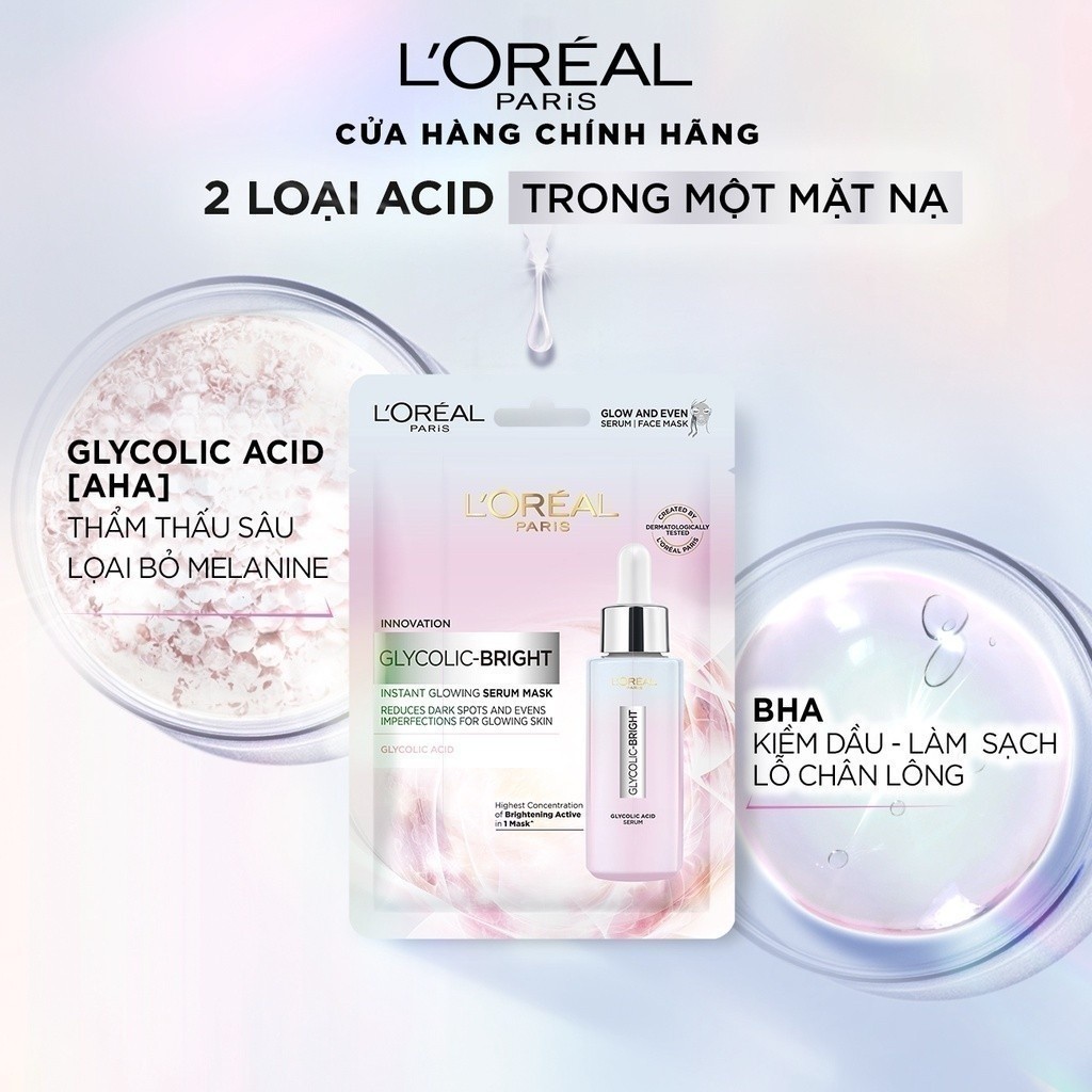 Mặt nạ dưỡng sáng mờ thâm nám L'Oreal Paris Glycolic (AHA) Bright 22g | BigBuy360 - bigbuy360.vn