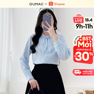 Áo sơ mi nữ kiểu cổ nơ màu trắng - xanh vải lụa mềm mát dáng suông tay dài thời trang GUMAC LAF0418