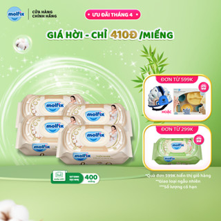 Combo 4 Khăn ướt Molfix thiên nhiên sơ sinh dịu nhẹ không hương - 4 bịch, 400 miếng