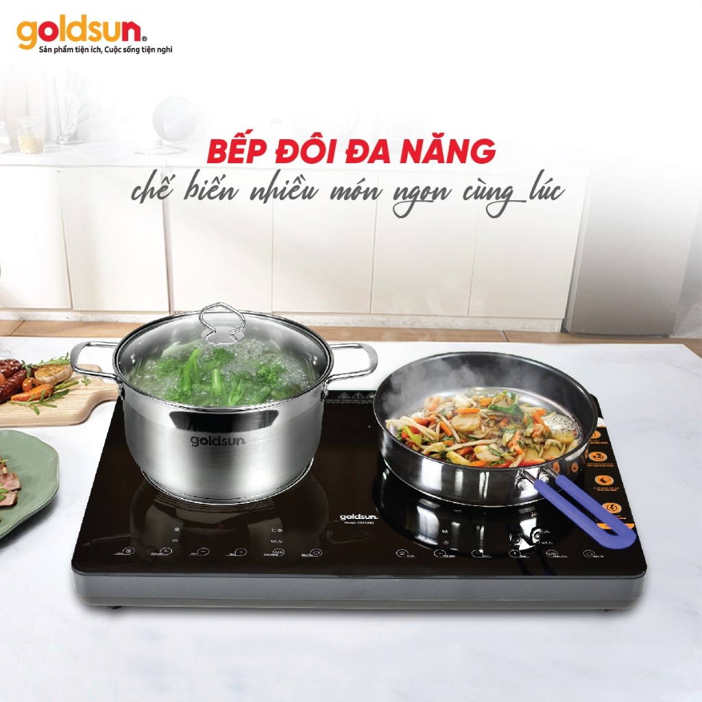 Bếp Từ Đôi Dương Goldsun Chất Liệu Mặt Kính Chịu Lực Có Màn Hình Led Nhạy Cảm Ứng Thông Minh - GDI7402