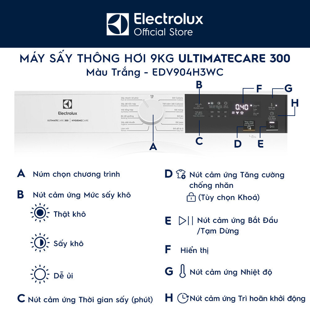 Free giao lắp - Máy sấy thông hơi 9KG Electrolux EDV904H3WC - sấy đảo chiều chống nhăn, diệt khuẩn, bền màu | BigBuy360 - bigbuy360.vn